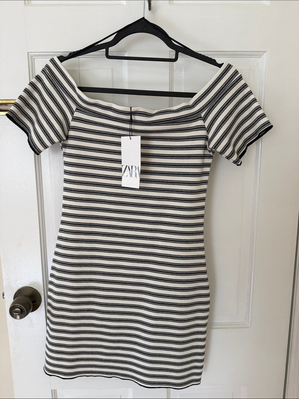 ZARA Black and White Striped Off-Shoulder Mini Dress